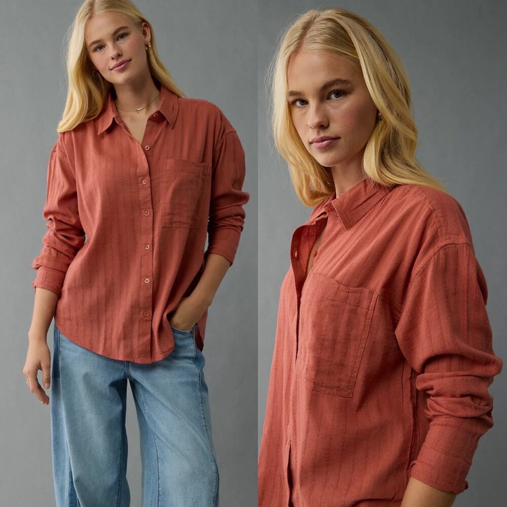 American Eagle Rust Orange Perfect Button-Up Shirt - image 1